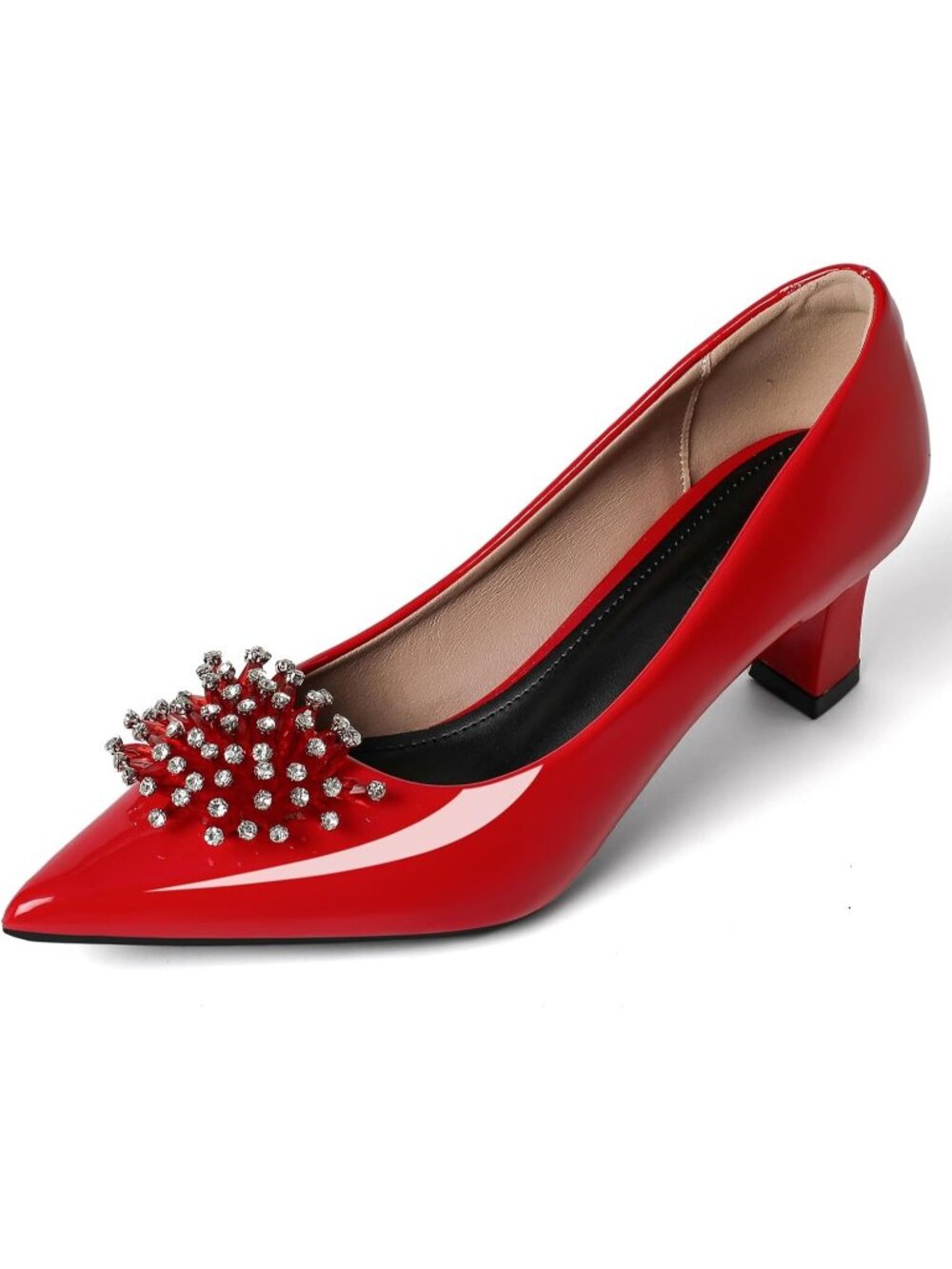 Women's Red Comfortable Leather Rhinestone Pointed Toe Kitten Party Heels Pumps